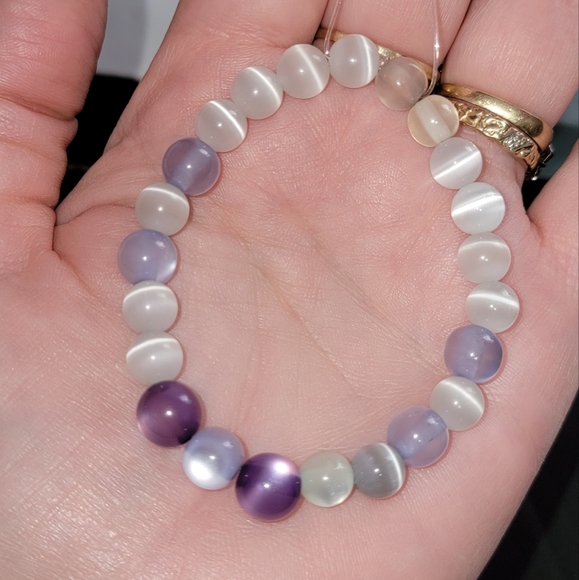 Hand Crafted Jewelry - Handcrafted white purple bracelet cats eye and moon stone. Double stretch cord.